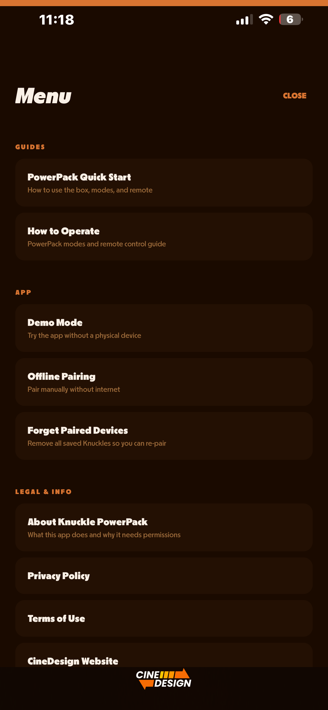 App menu with guides, demo mode and offline pairing